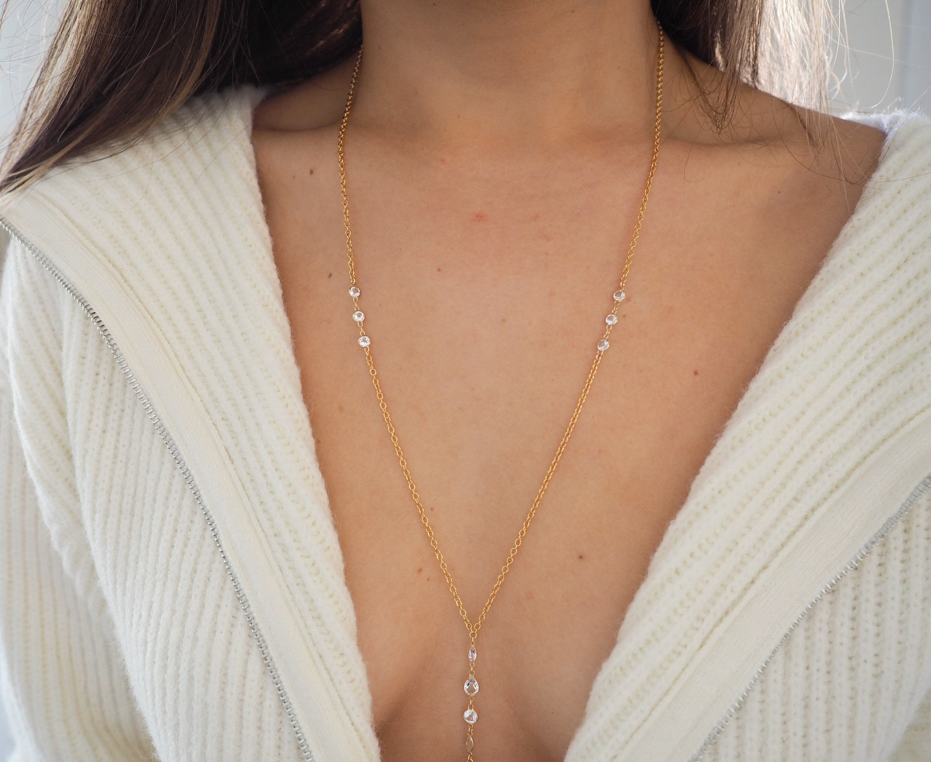 14k Gold Filled & 14k SOLID GOLD White Topaz Shapes Dainty Body Chain |  VERSION 2.0